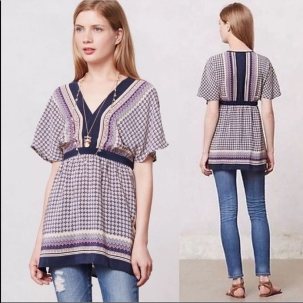 Anthropologie Meadow Rue Patterned Silk Tunic